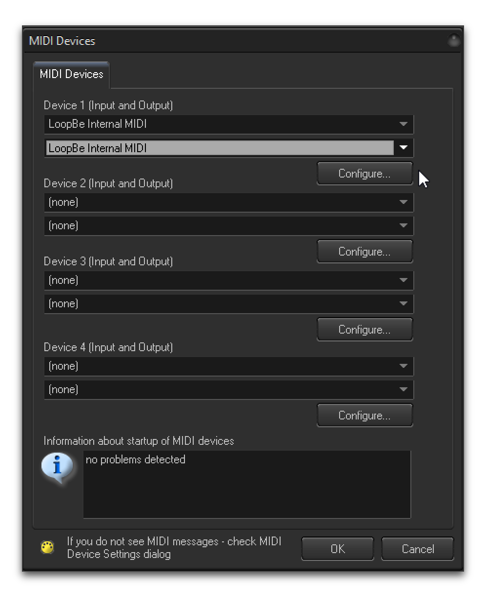 LoopBe Internal MIDI chosen for Device 1