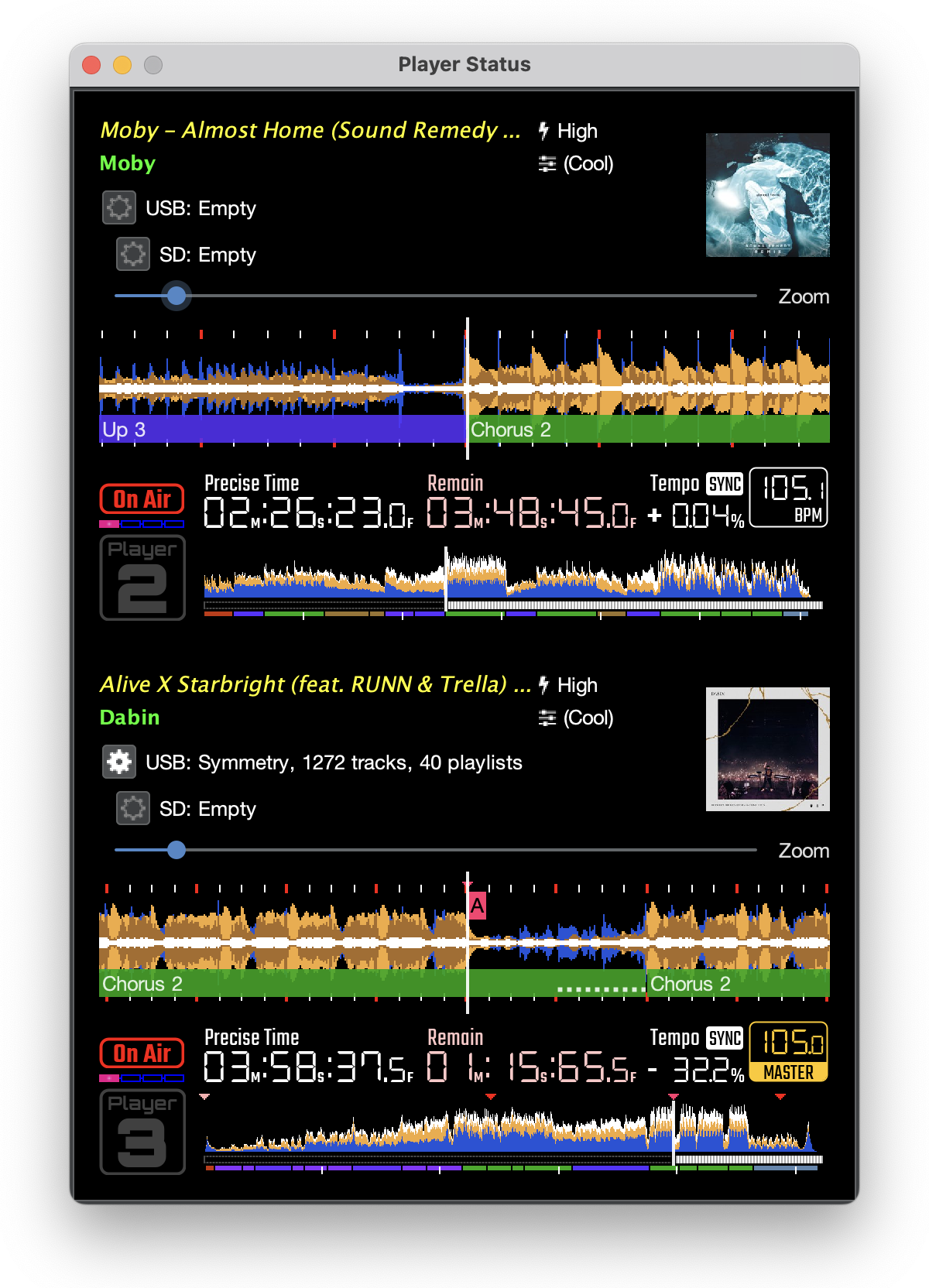 Player Status window showing three-band waveforms